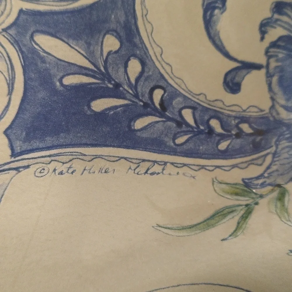 Decoupage decorative bird glass dish bowl blue white grand millennial 10 1/2” sq